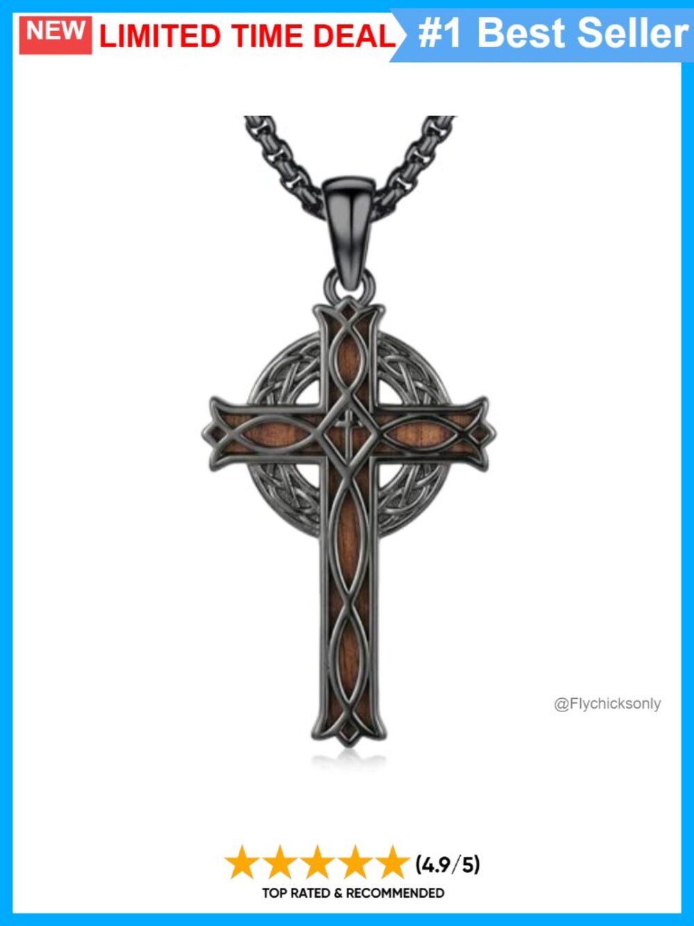 S925 Sterling Silver Ebony Wood Celtic Cross Necklace Men's 24" Rolo Chain